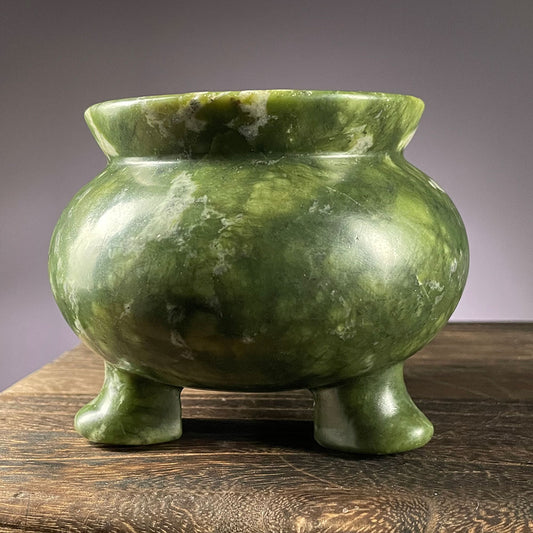 Large Natural Serpentine Crystal Cauldron - Heavy Green Altar Bowl (1.1kg)