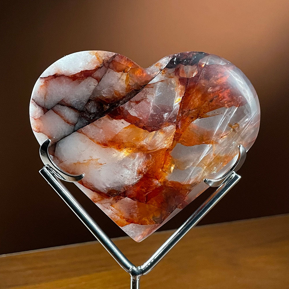 Natural Fire Quartz Heart with Stand - Red Hematoid Crystal
