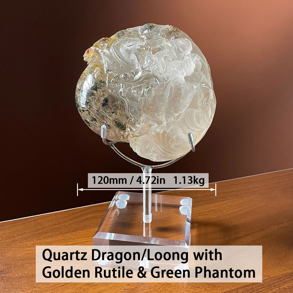 Hand Carved Quartz Dragon Golden Rutile Phantom Crystal Decor W/ Stand 1.13kg