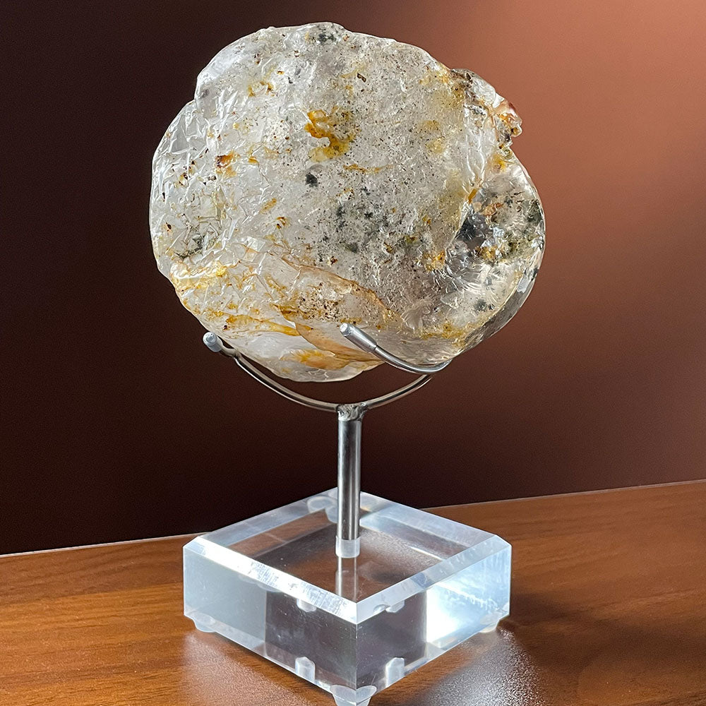 Hand Carved Quartz Dragon Golden Rutile Phantom Crystal Decor W/ Stand 1.13kg
