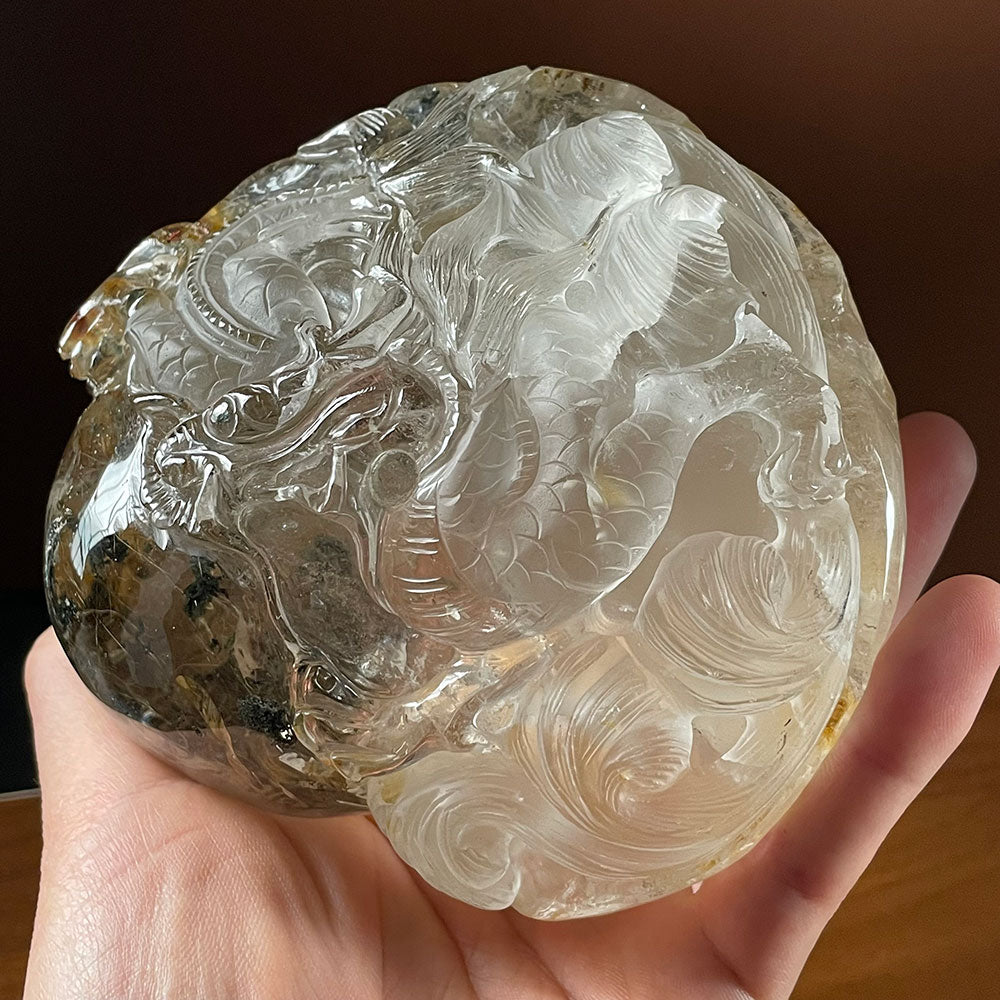 Hand Carved Quartz Dragon Golden Rutile Phantom Crystal Decor W/ Stand 1.13kg
