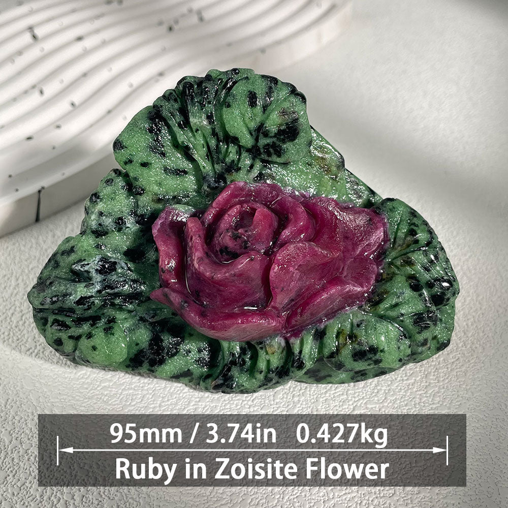 Exact Piece: Hand-Carved Ruby in Zoisite Rose Sculpture (Anyolite)