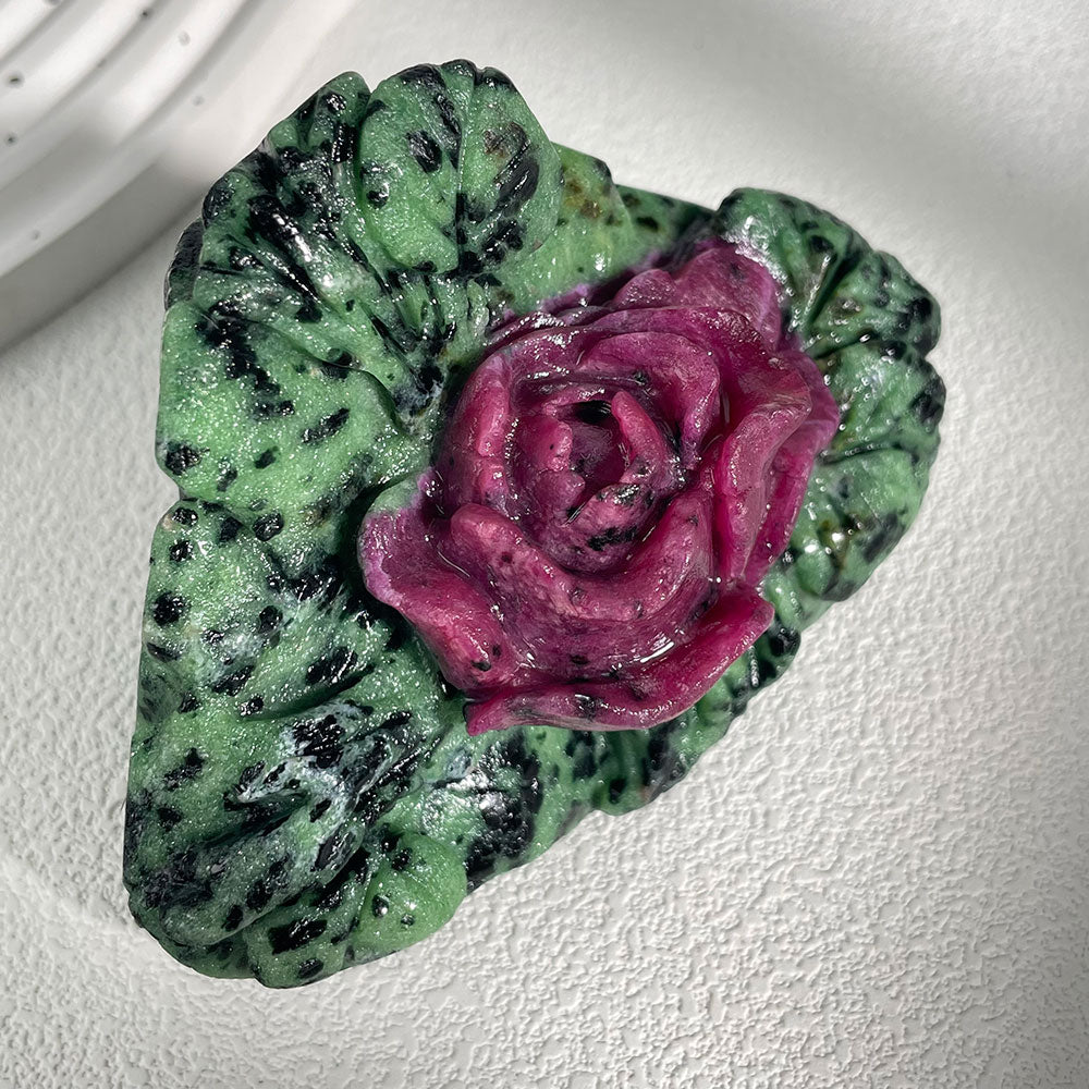Exact Piece: Hand-Carved Ruby in Zoisite Rose Sculpture (Anyolite)