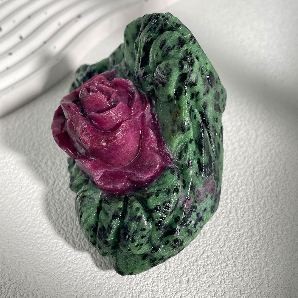Exact Piece: Hand-Carved Ruby in Zoisite Rose Sculpture (Anyolite)