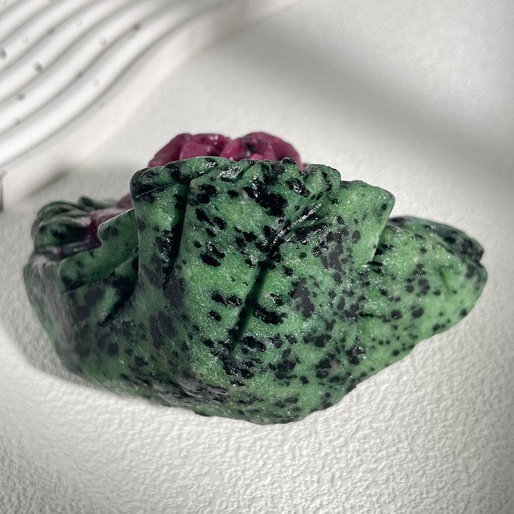 Exact Piece: Hand-Carved Ruby in Zoisite Rose Sculpture (Anyolite)
