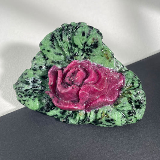 Exact Piece: Hand-Carved Ruby in Zoisite Rose Sculpture (Anyolite)