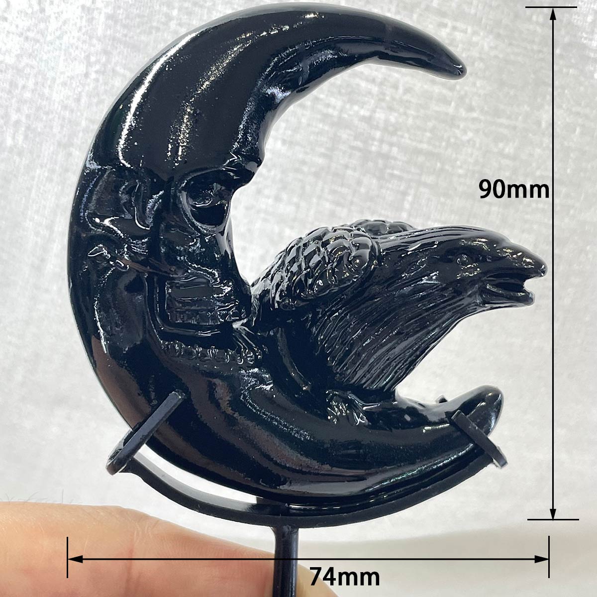 Midnight Oracle - Black Obsidian Raven & Skull Moon Statue