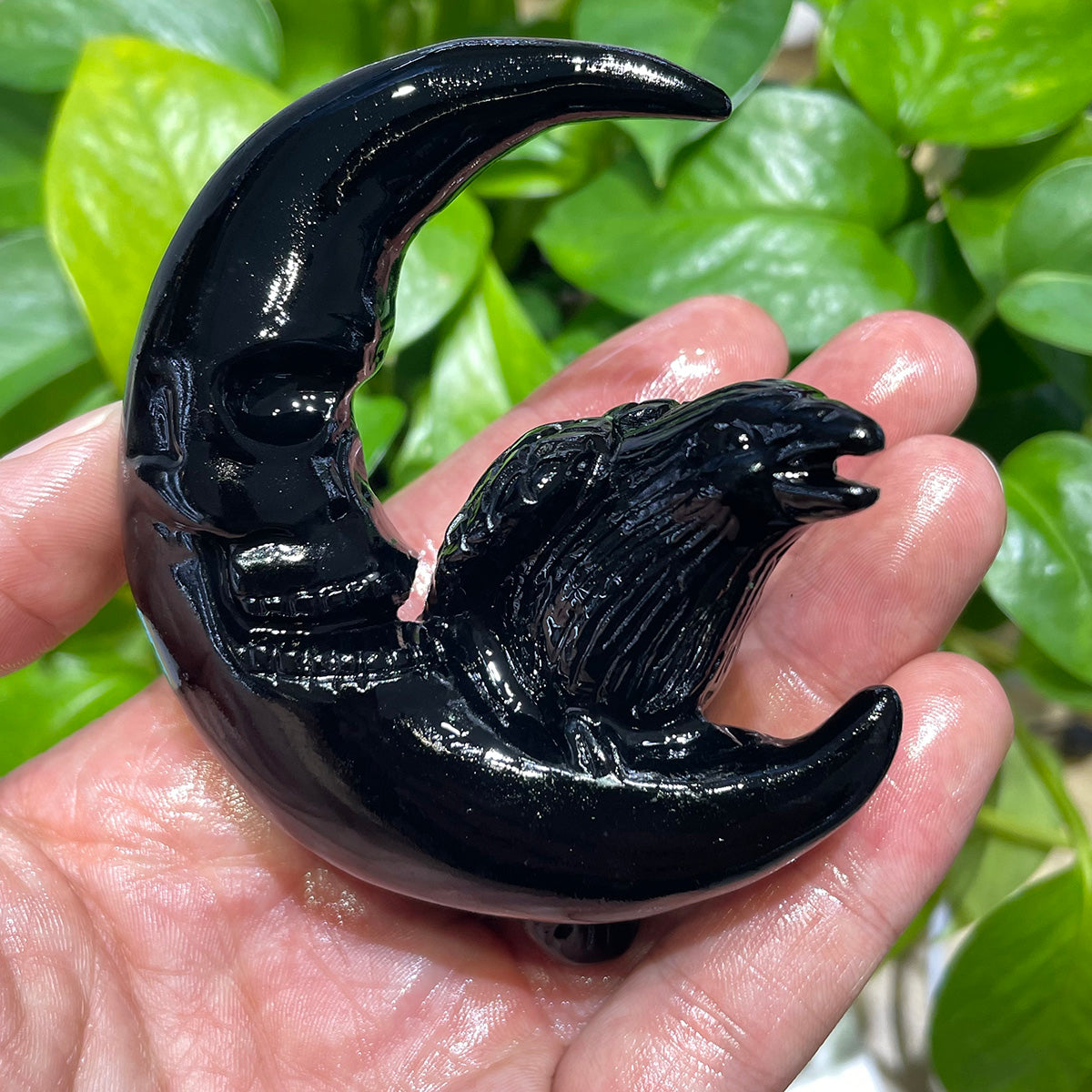 Black Obsidian Crow Skull Moon Crystals Raven Healing Stone Figurine Handcraft