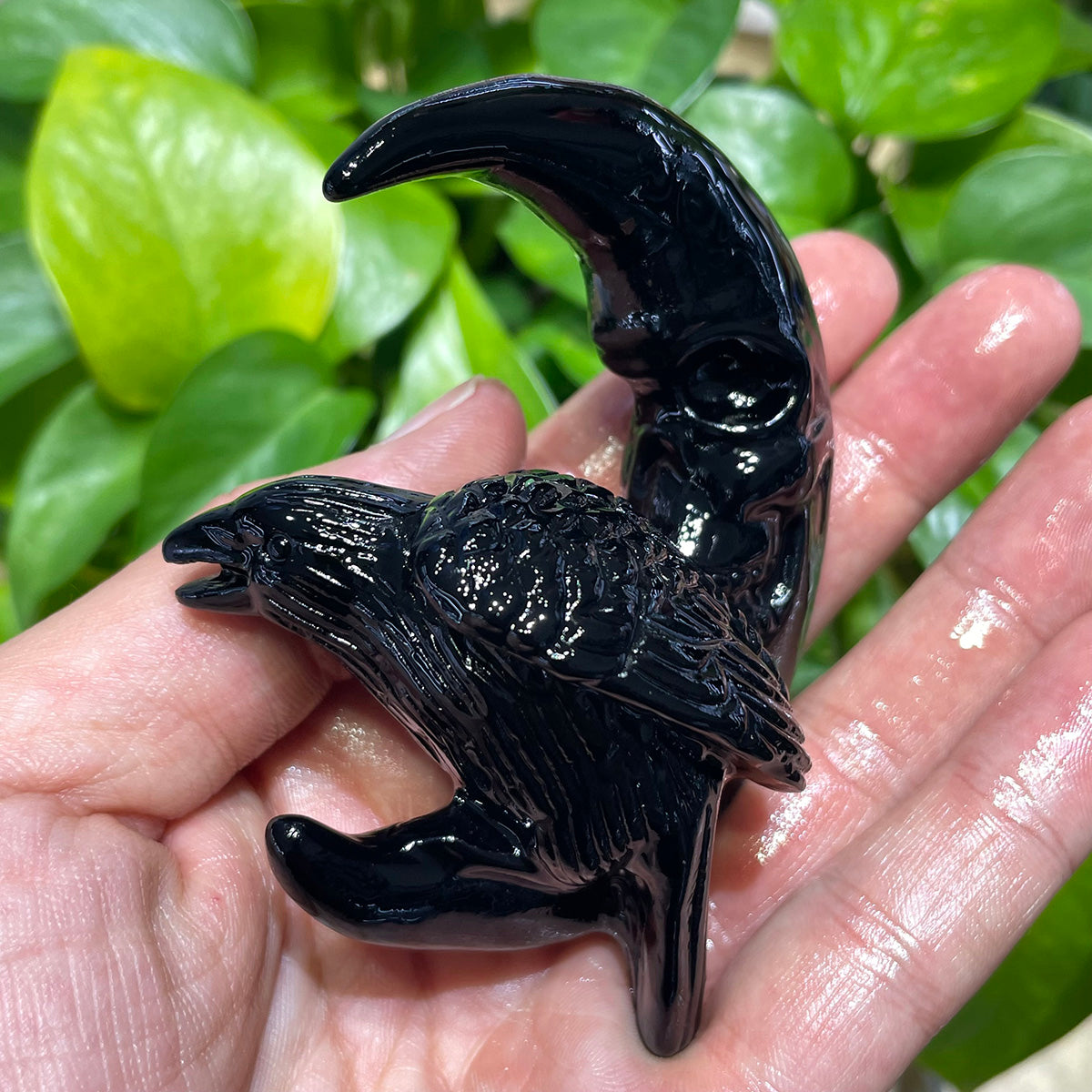 Black Obsidian Crow Skull Moon Crystals Raven Healing Stone Figurine Handcraft