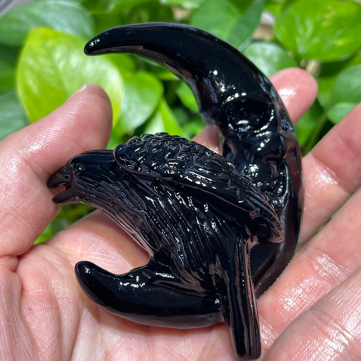 Black Obsidian Crow Skull Moon Crystals Raven Healing Stone Figurine Handcraft