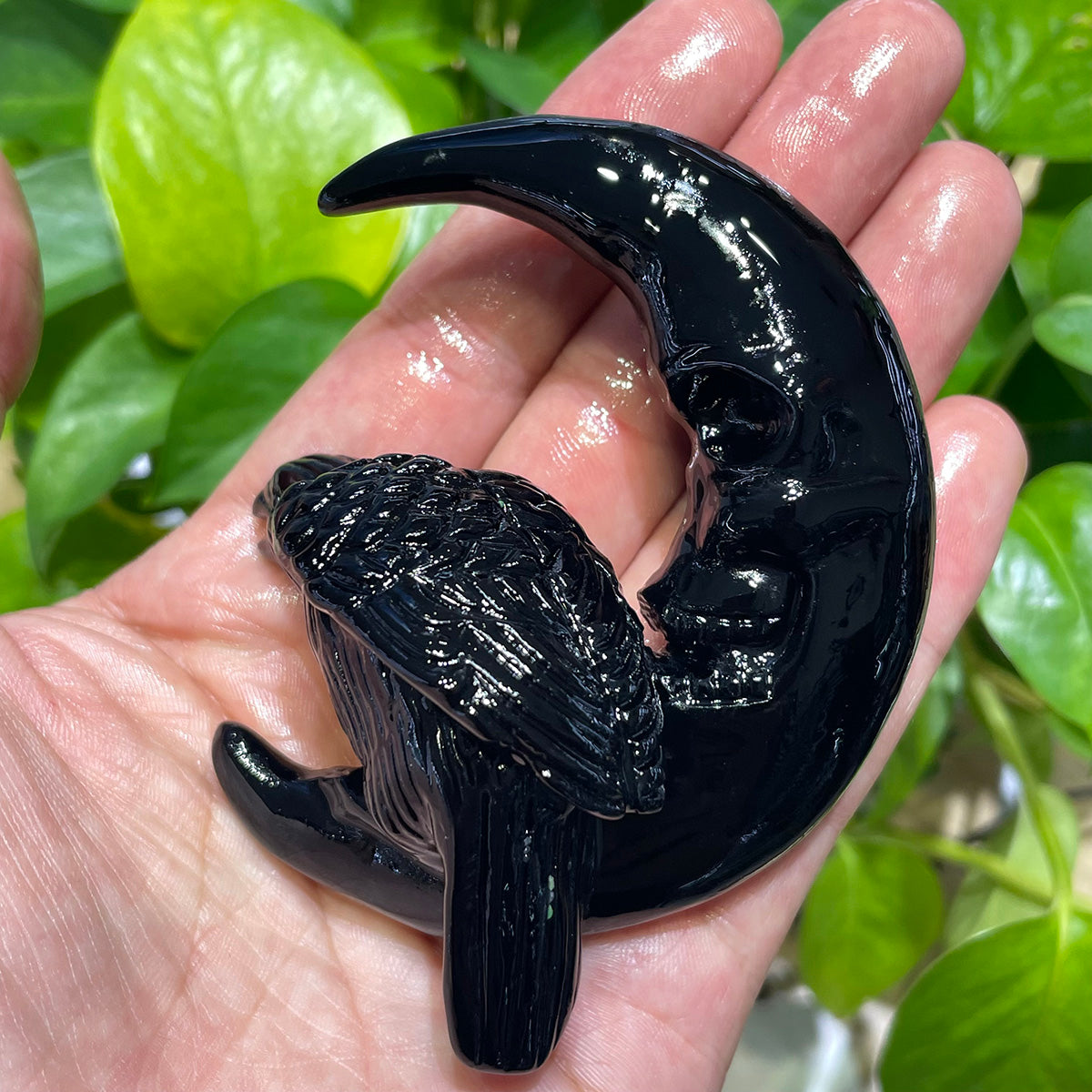 Black Obsidian Crow Skull Moon Crystals Raven Healing Stone Figurine Handcraft