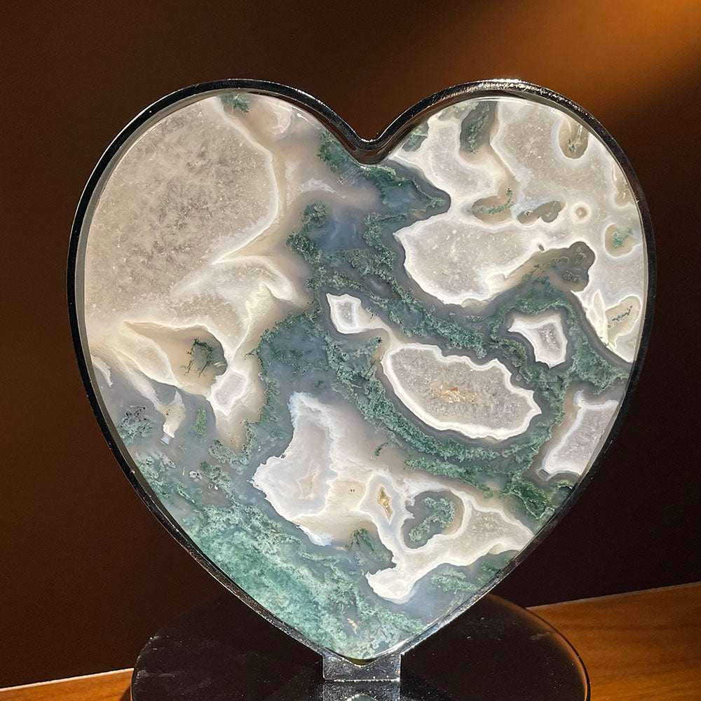 Natural Moss Agate Heart LED Crystal Lamp