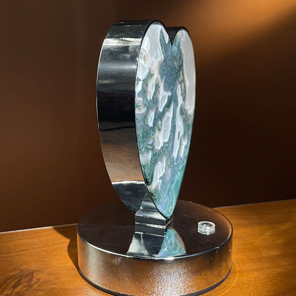 Natural Moss Agate Heart LED Crystal Lamp