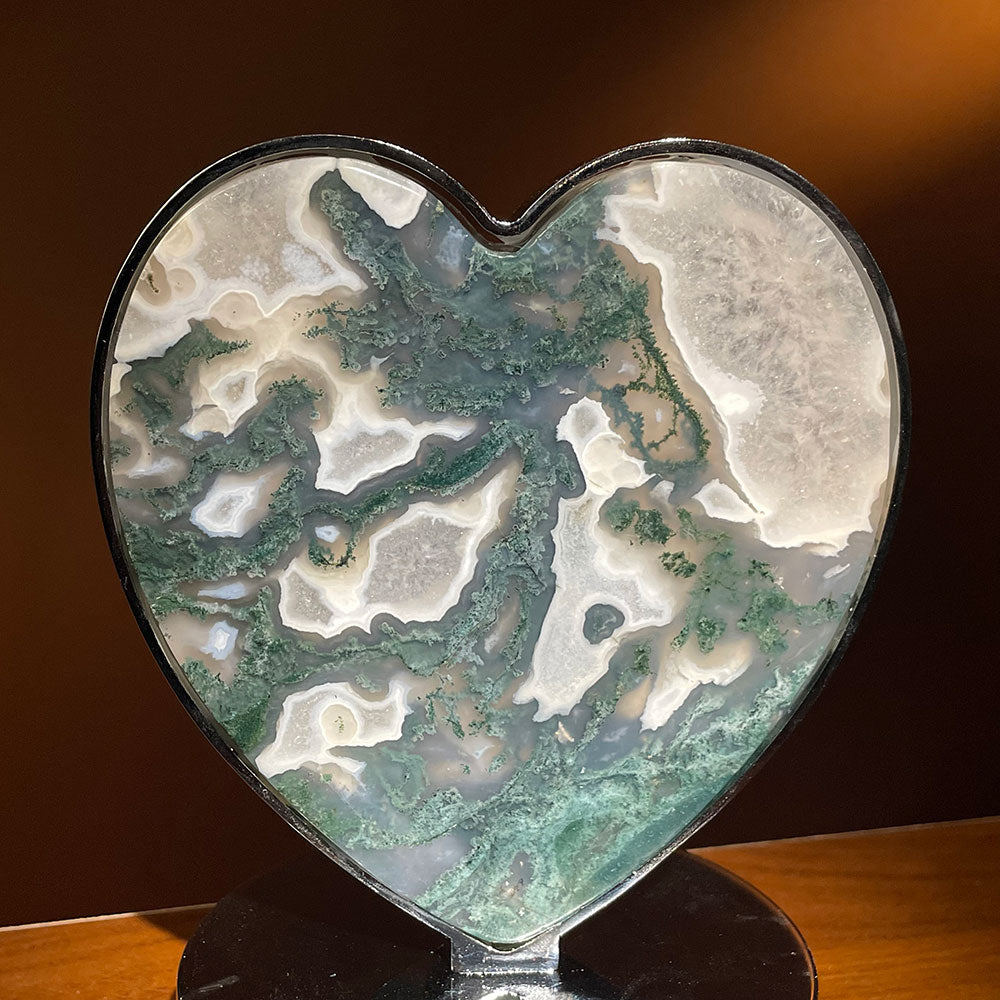 Natural Moss Agate Heart LED Crystal Lamp