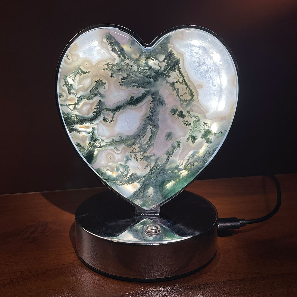 Natural Moss Agate Heart LED Crystal Lamp