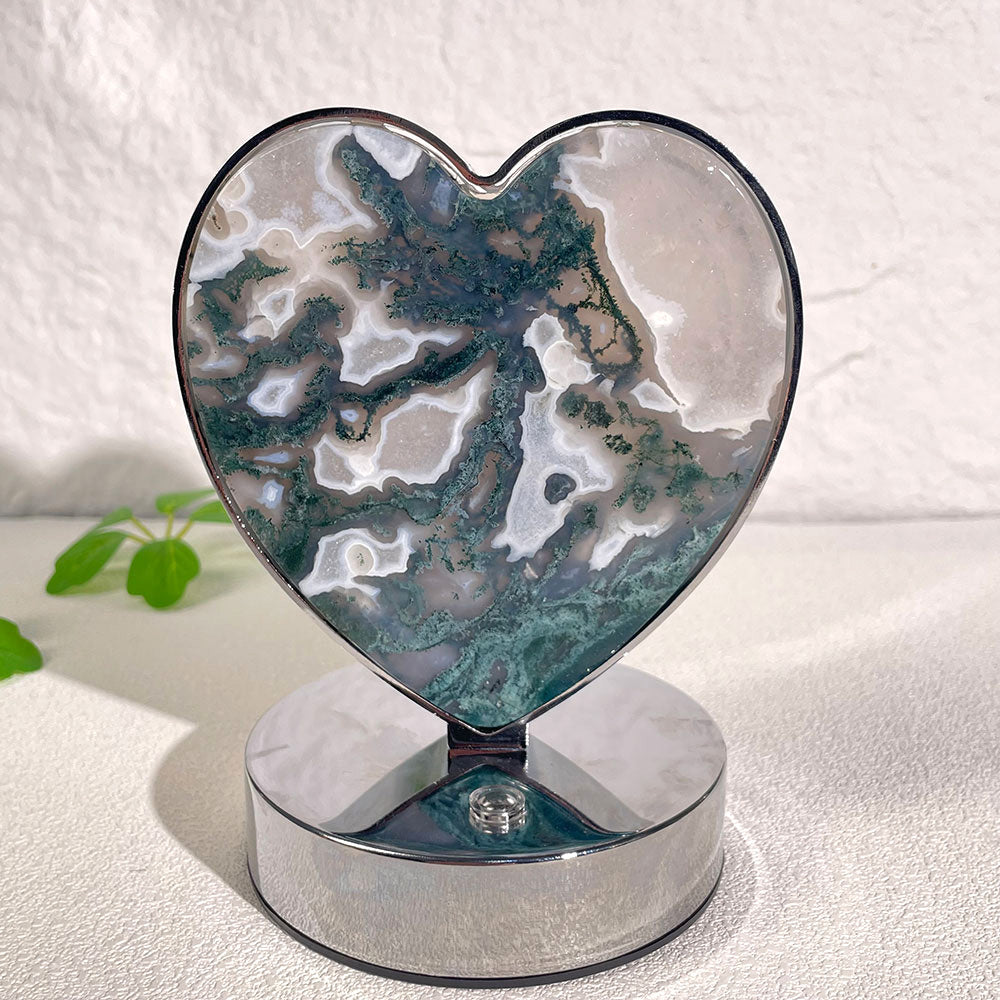 Natural Moss Agate Heart LED Crystal Lamp