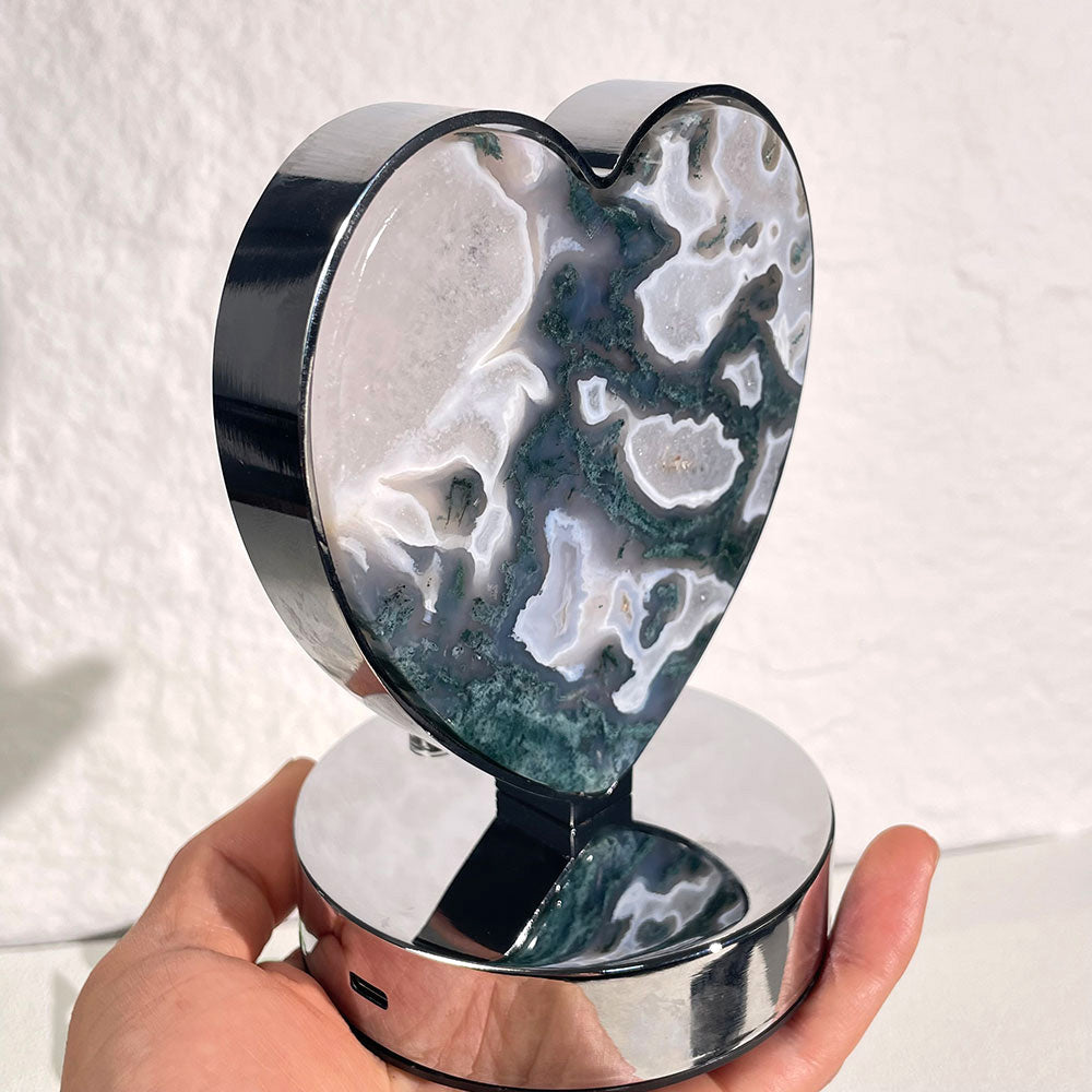 Natural Moss Agate Heart LED Crystal Lamp