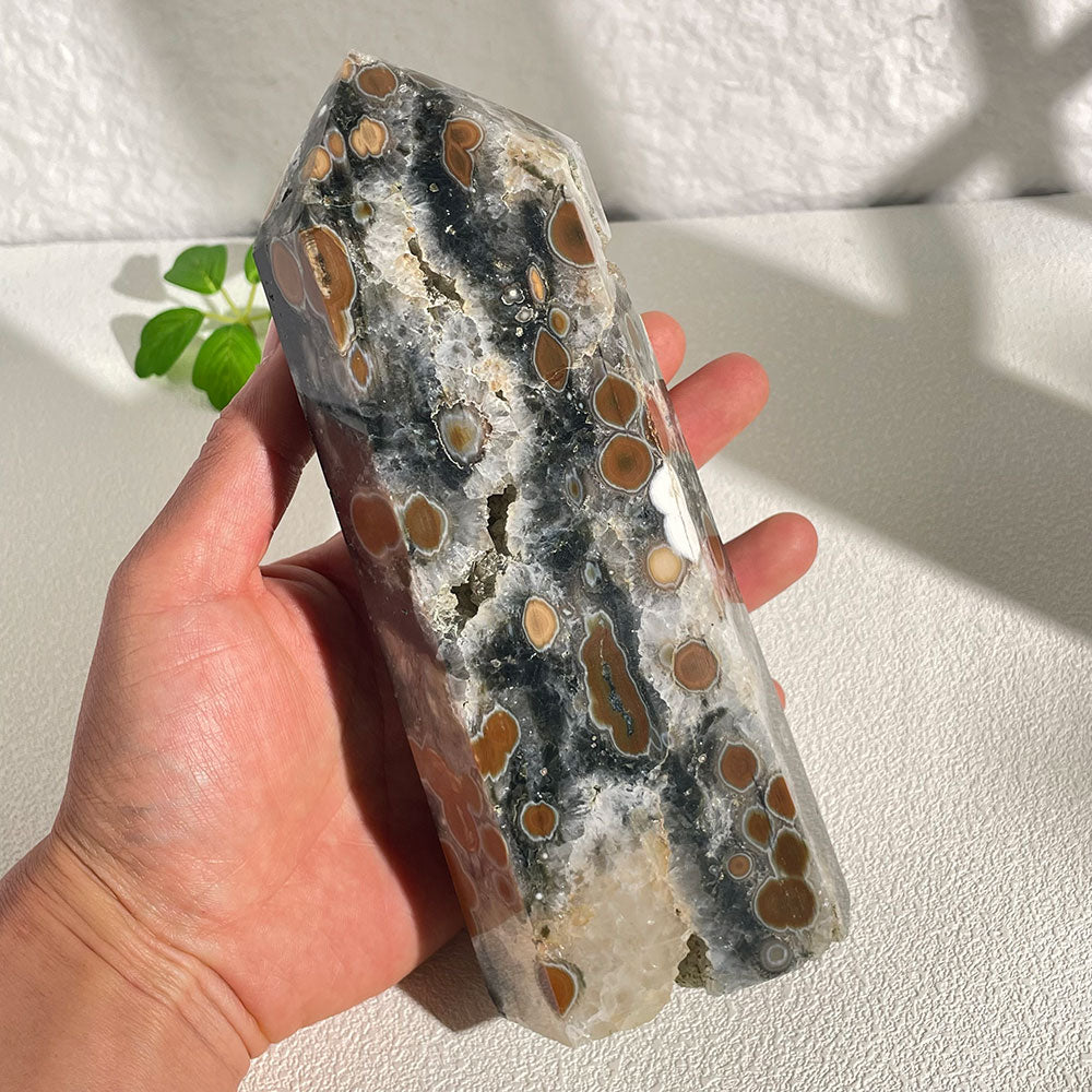 Natural Orbicular Ocean Jasper Crystal Point - Bold Bullseye Patterns
