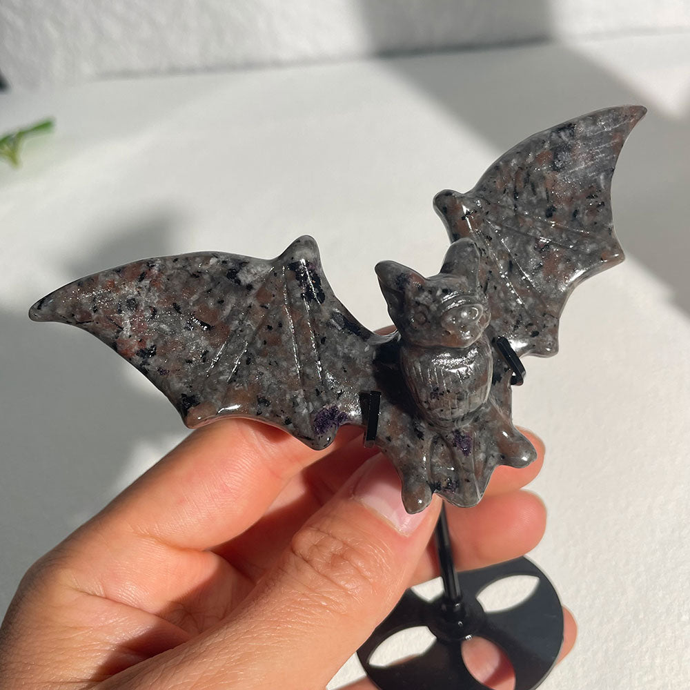 Natural Yooperlite Crystal Bat Figurine - UV Reactive Gothic Decor