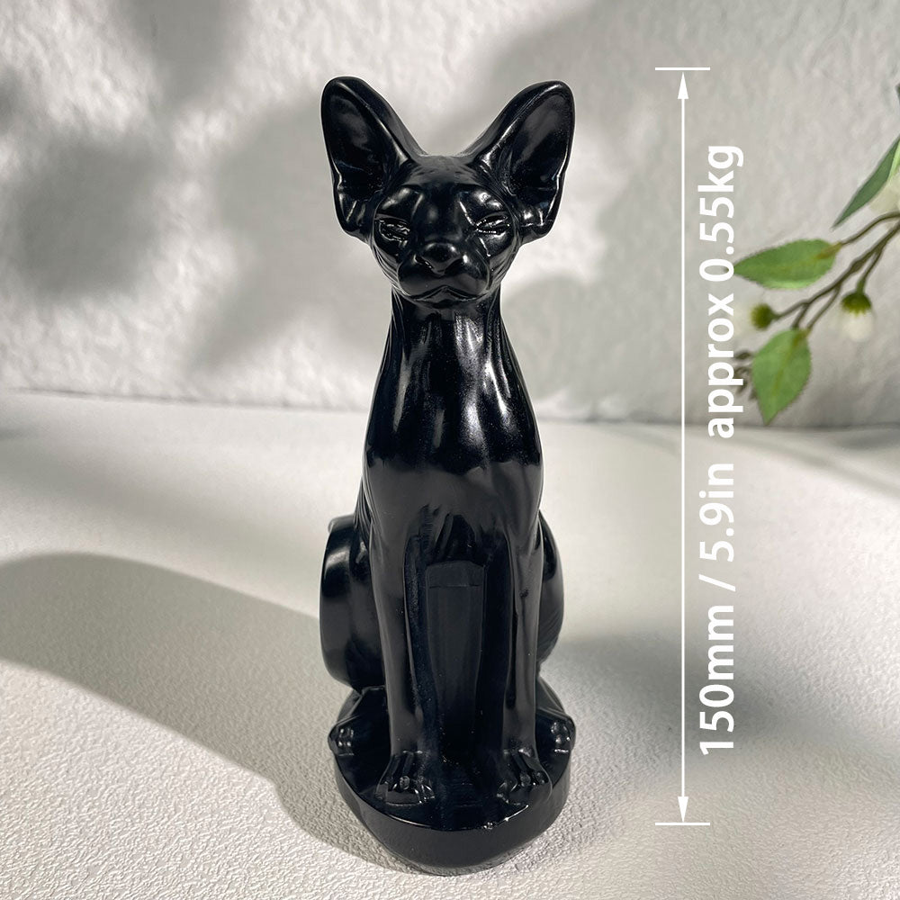 Hand-Carved Black Obsidian Sphynx Cat Statue|Gothic Familiar Decor