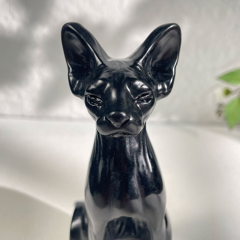 Hand-Carved Black Obsidian Sphynx Cat Statue|Gothic Familiar Decor