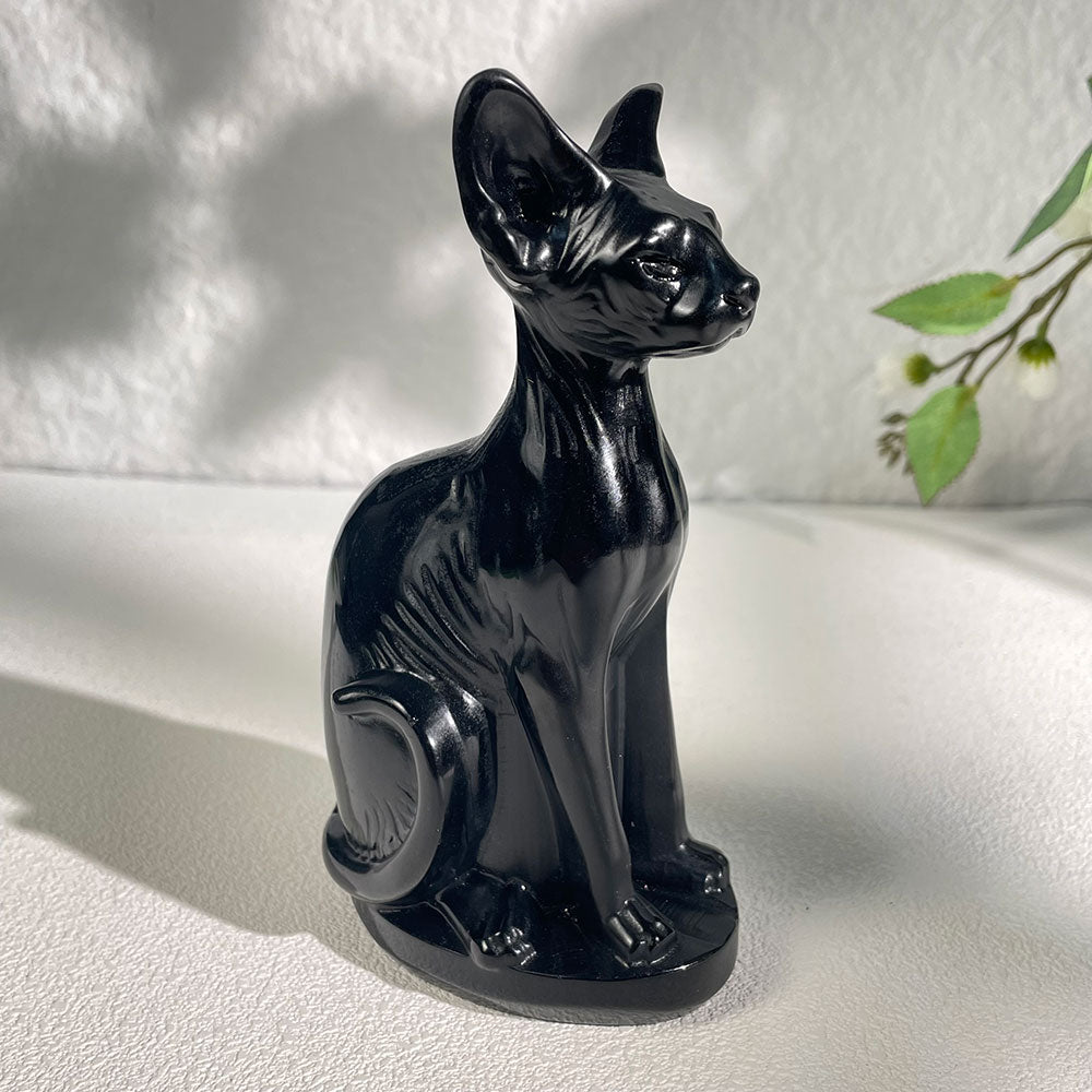 Hand-Carved Black Obsidian Sphynx Cat Statue|Gothic Familiar Decor