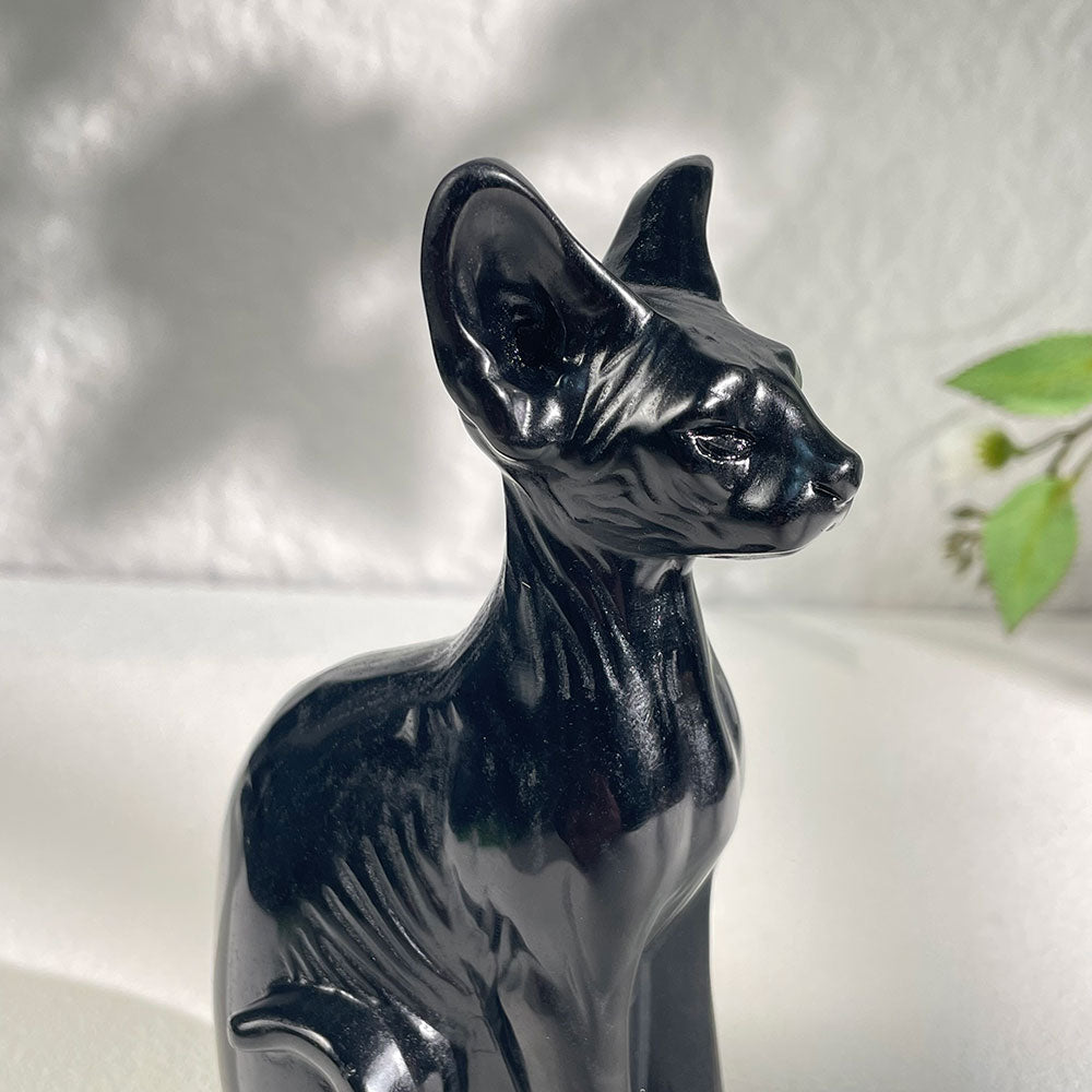 Hand-Carved Black Obsidian Sphynx Cat Statue|Gothic Familiar Decor