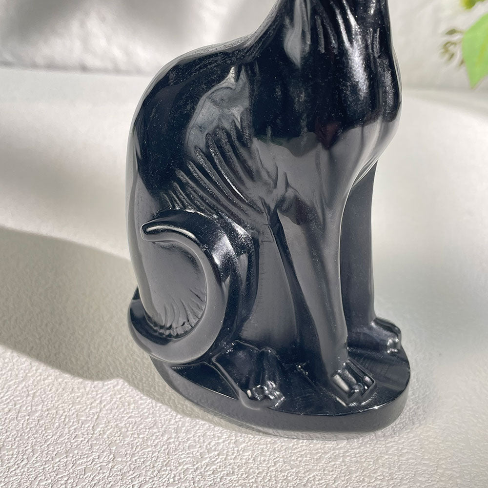 Hand-Carved Black Obsidian Sphynx Cat Statue|Gothic Familiar Decor