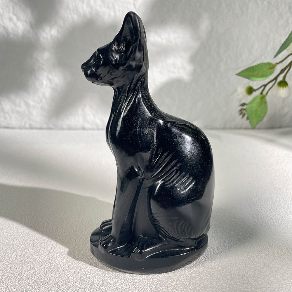 Hand-Carved Black Obsidian Sphynx Cat Statue|Gothic Familiar Decor