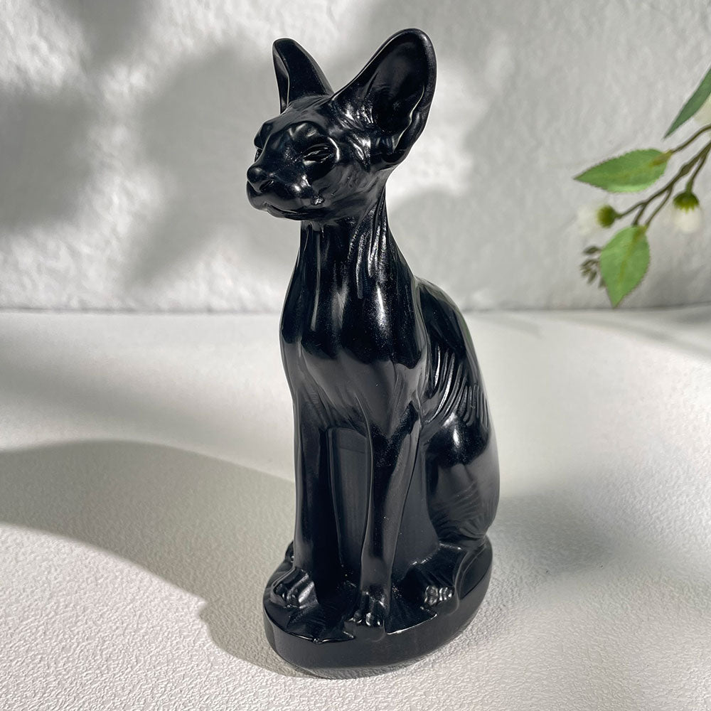 Hand-Carved Black Obsidian Sphynx Cat Statue|Gothic Familiar Decor