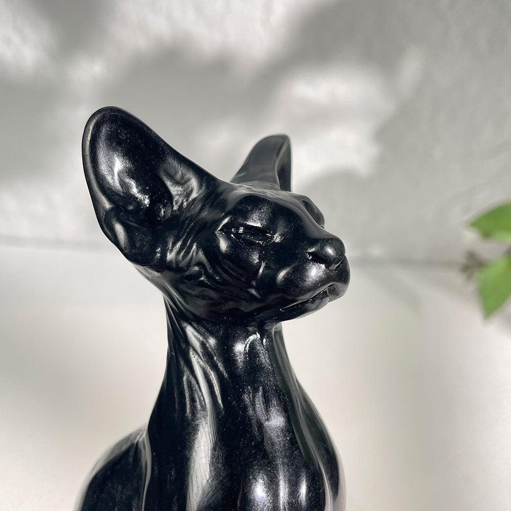 Hand-Carved Black Obsidian Sphynx Cat Statue|Gothic Familiar Decor