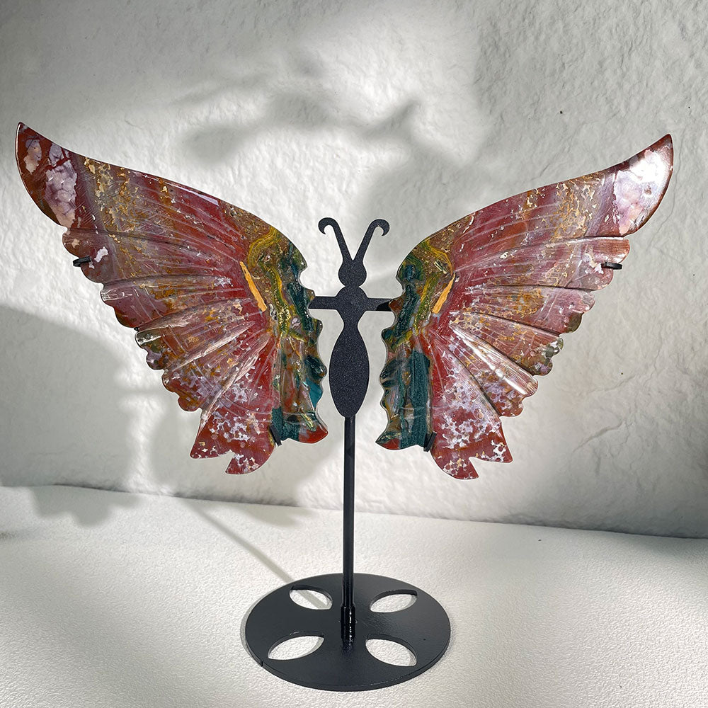Exact Piece: Hand-Carved Ocean Jasper Butterfly Wings with Stand (280mm)