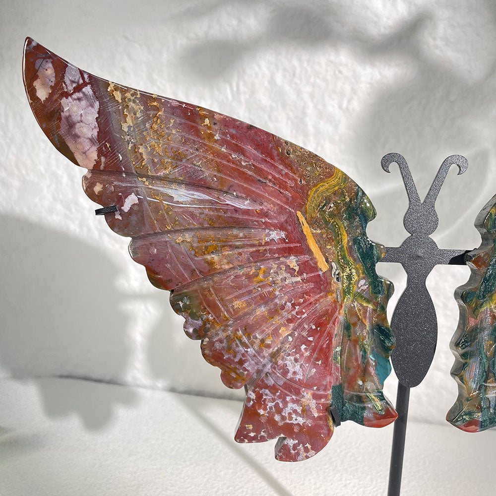 Exact Piece: Hand-Carved Ocean Jasper Butterfly Wings with Stand (280mm)