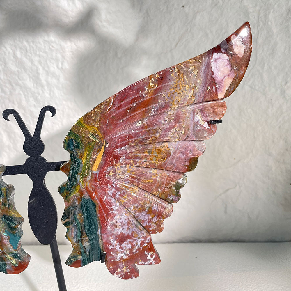 Exact Piece: Hand-Carved Ocean Jasper Butterfly Wings with Stand (280mm)