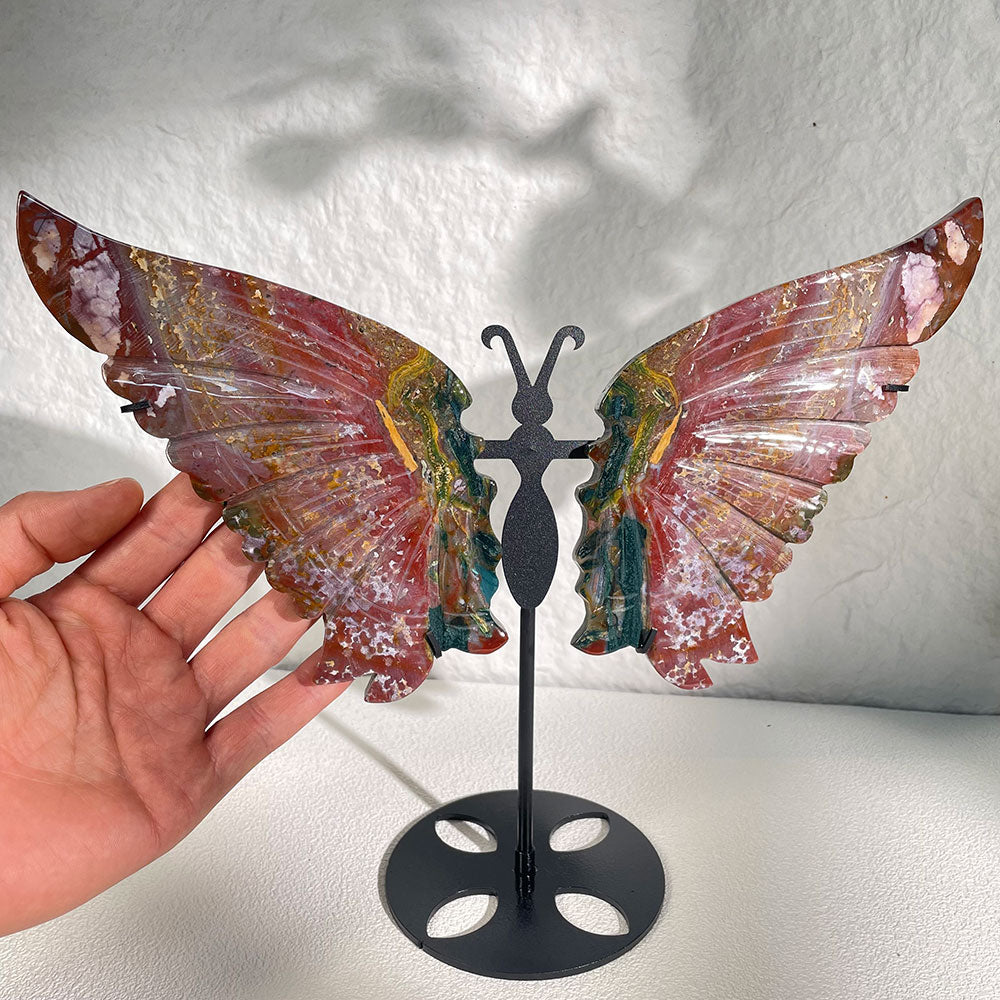 Exact Piece: Hand-Carved Ocean Jasper Butterfly Wings with Stand (280mm)