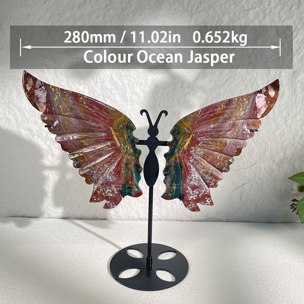 Exact Piece: Hand-Carved Ocean Jasper Butterfly Wings with Stand (280mm)