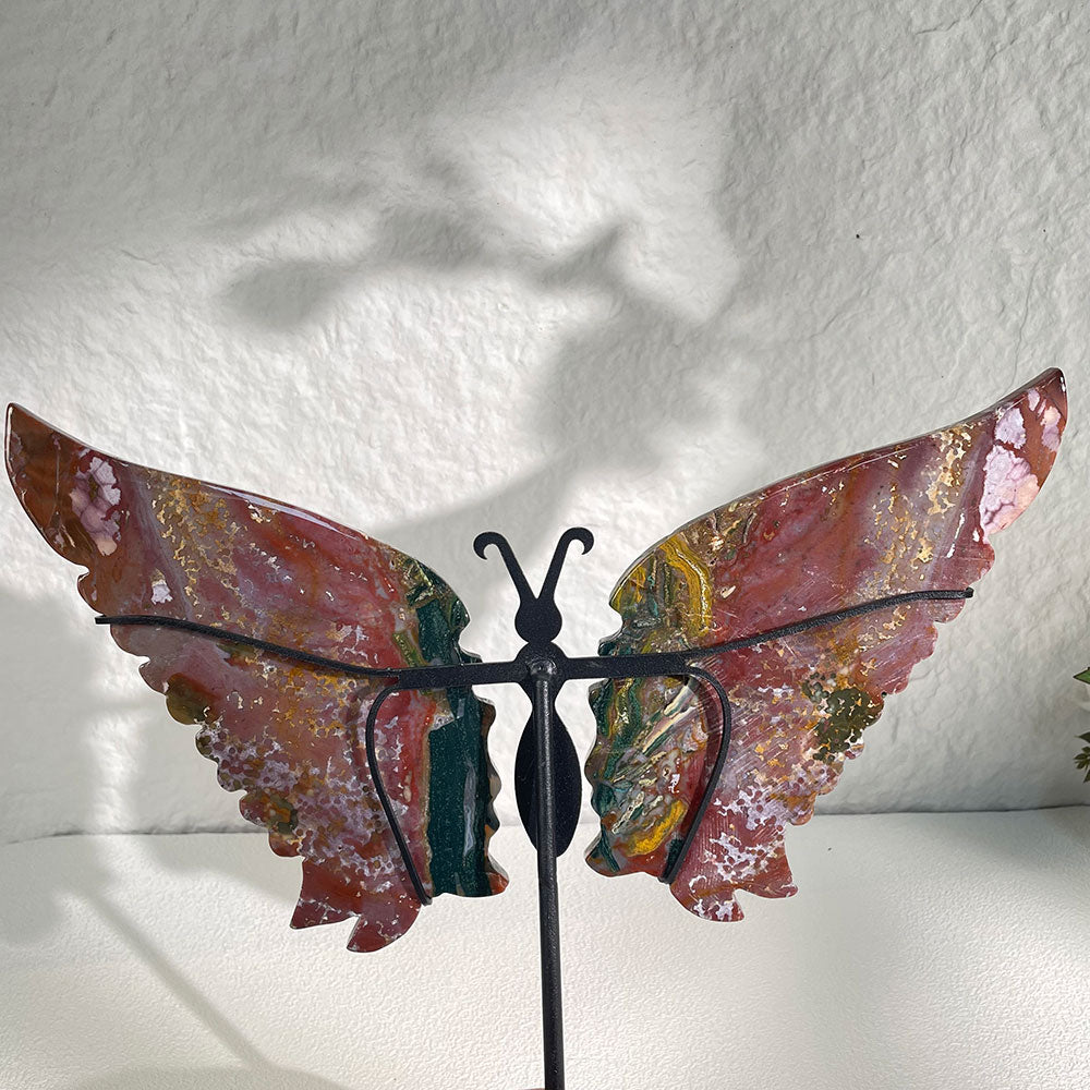Exact Piece: Hand-Carved Ocean Jasper Butterfly Wings with Stand (280mm)