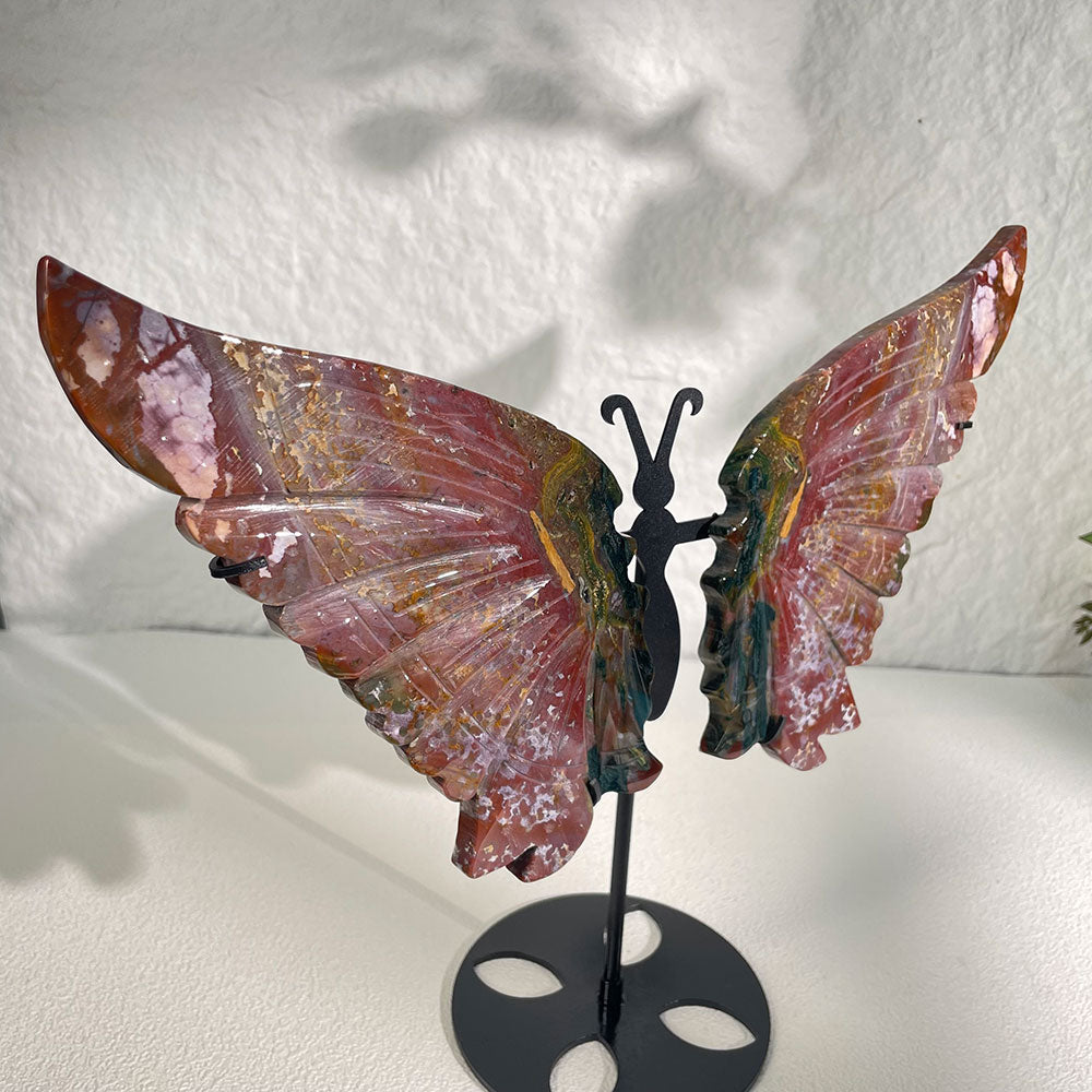 Exact Piece: Hand-Carved Ocean Jasper Butterfly Wings with Stand (280mm)