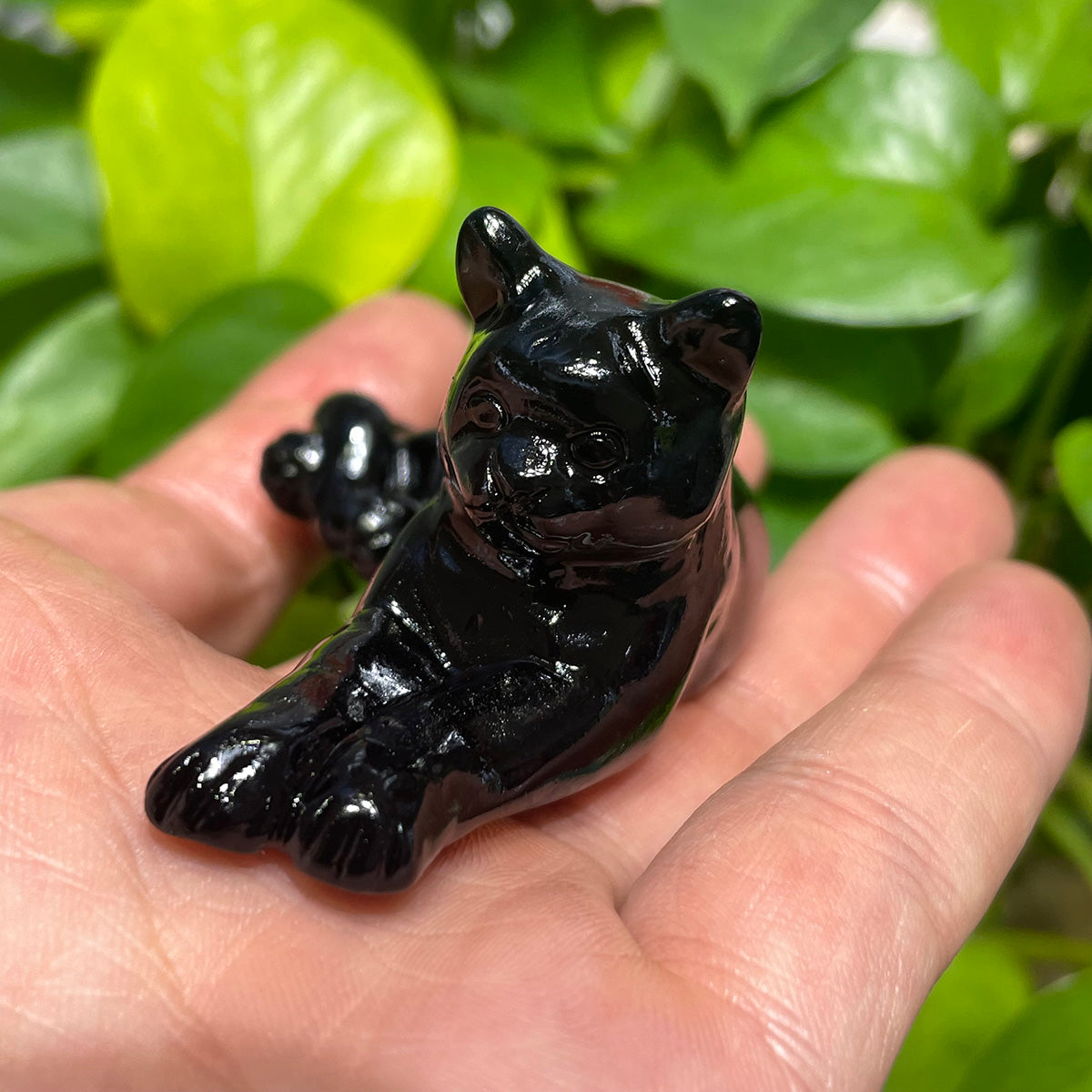 Black Obsidian Cat Hand Carved Crystals Healing Stone Figure In Decor