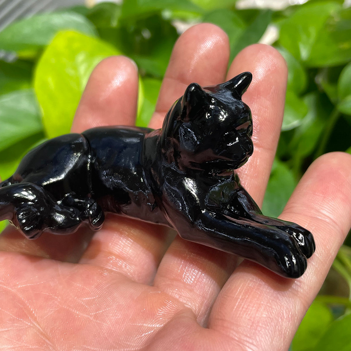 Black Obsidian Cat Hand Carved Crystals Healing Stone Figure In Decor