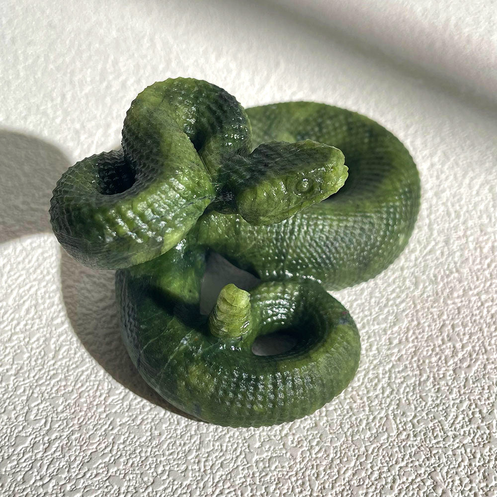 Realistic Coiled Snake Crystal Sculpture - Green Stone Reptile Decor