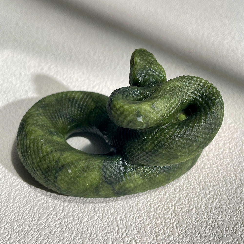 Realistic Coiled Snake Crystal Sculpture - Green Stone Reptile Decor