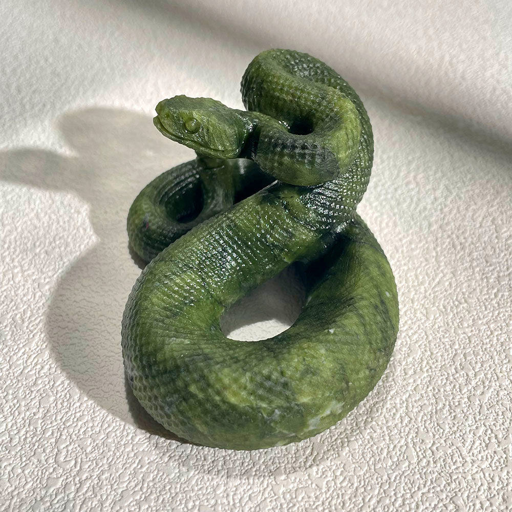 Realistic Coiled Snake Crystal Sculpture - Green Stone Reptile Decor