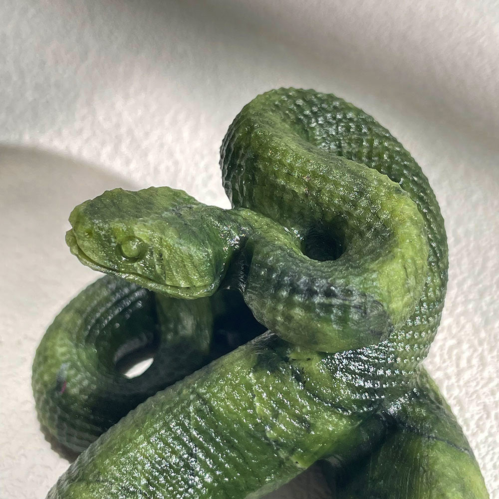 Realistic Coiled Snake Crystal Sculpture - Green Stone Reptile Decor