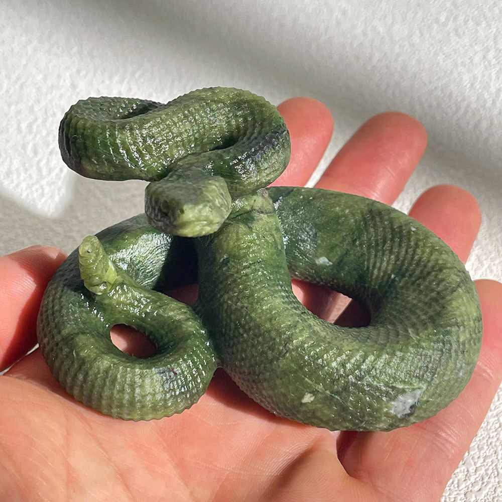 Realistic Coiled Snake Crystal Sculpture - Green Stone Reptile Decor