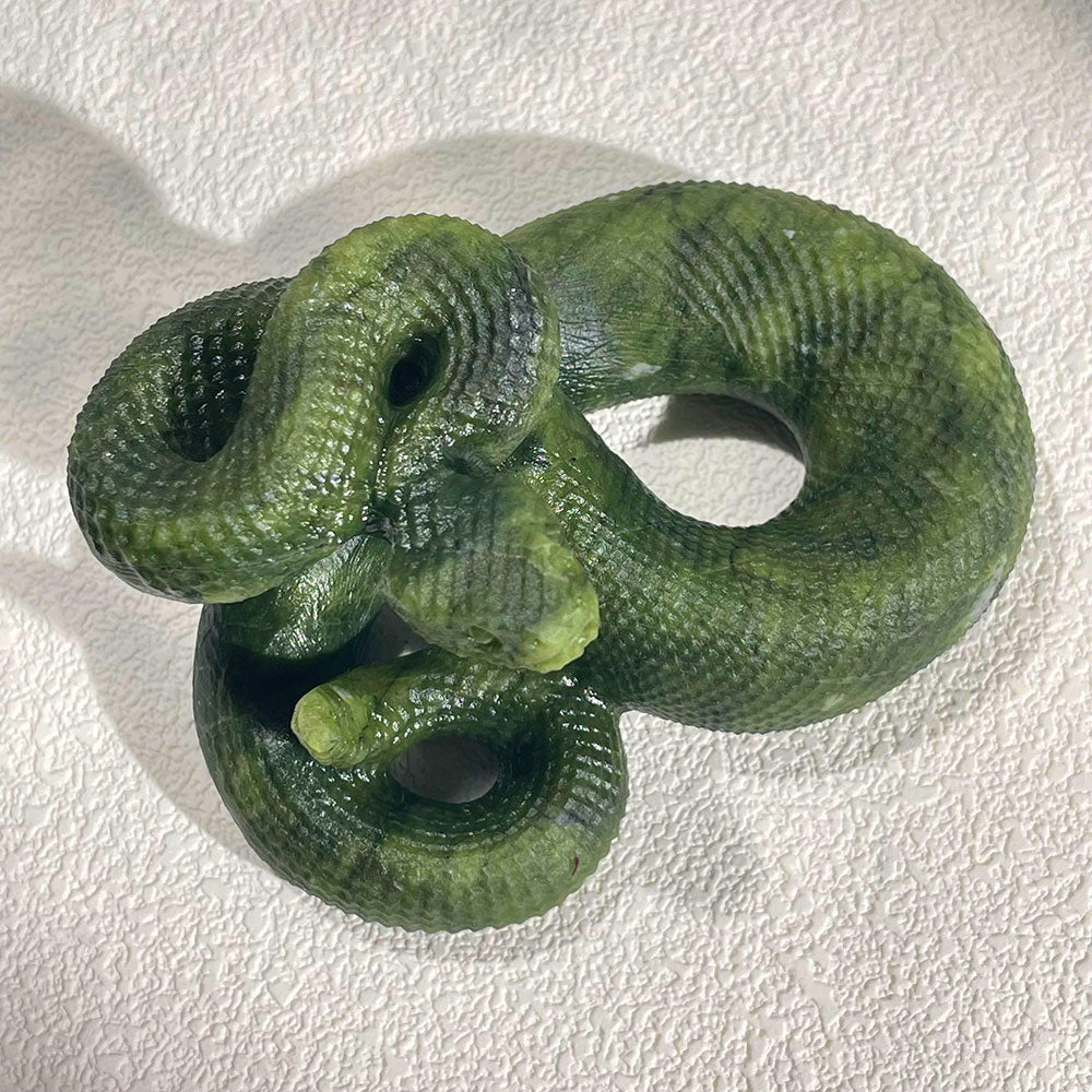 Realistic Coiled Snake Crystal Sculpture - Green Stone Reptile Decor
