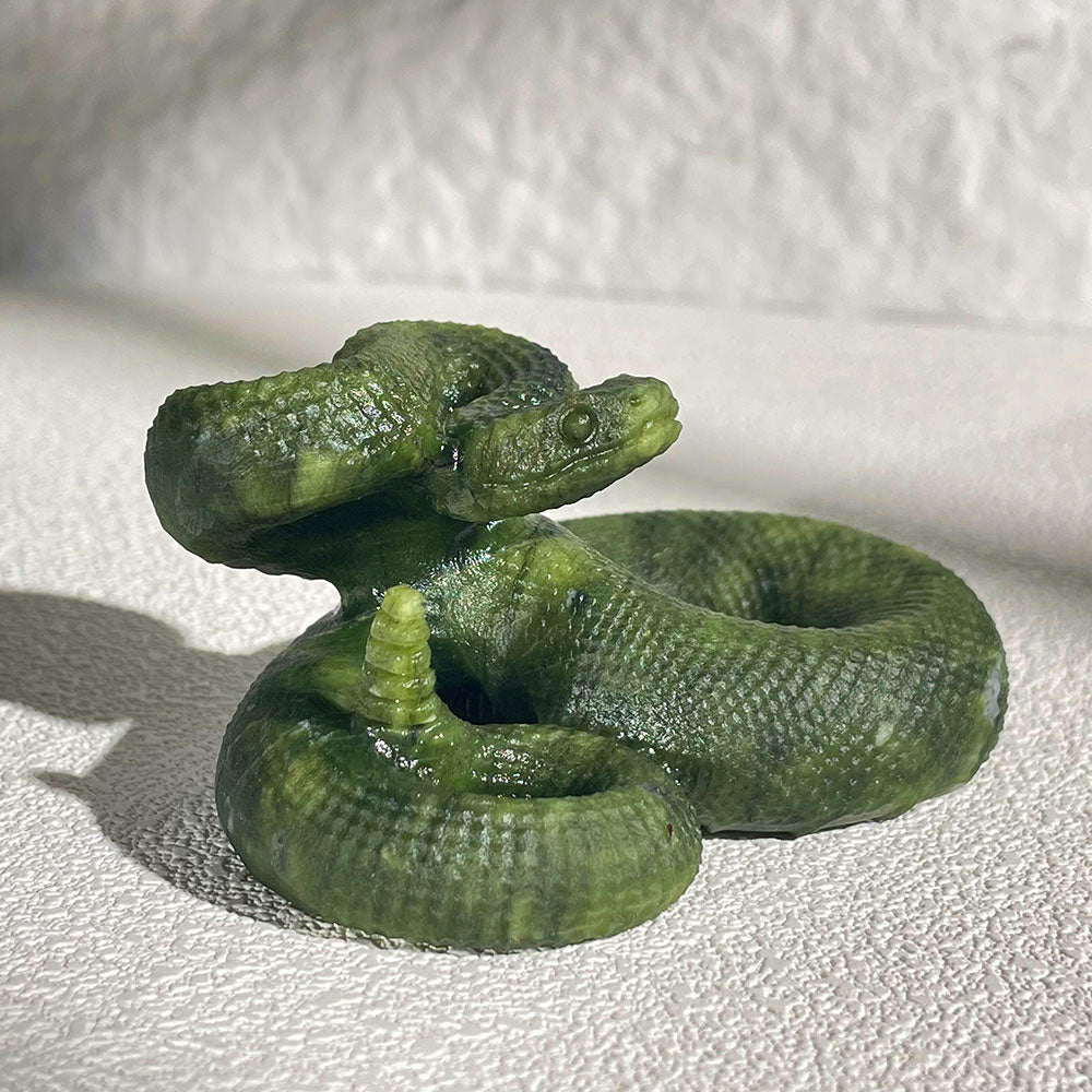 Realistic Coiled Snake Crystal Sculpture - Green Stone Reptile Decor