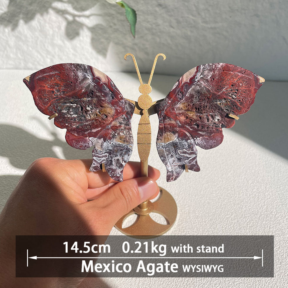 Mexico Agate crystal butterfly wings carving with stand - Hand-carved exactly piece shown WYSIWYG