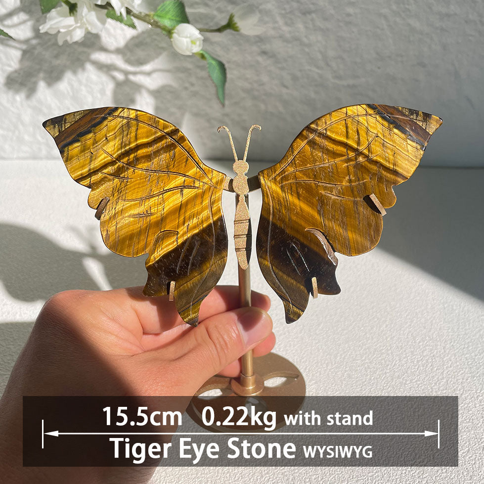 Golden Tiger Eye stone crystal butterfly wings carving with stand - Hand-carved exactly piece shown WYSIWYG