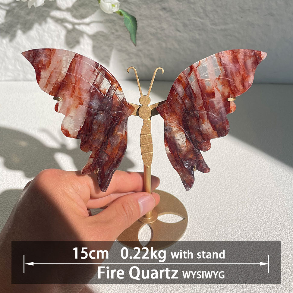 Fire Quartz crystal butterfly wings carving with stand - Hand-carved exactly piece shown 